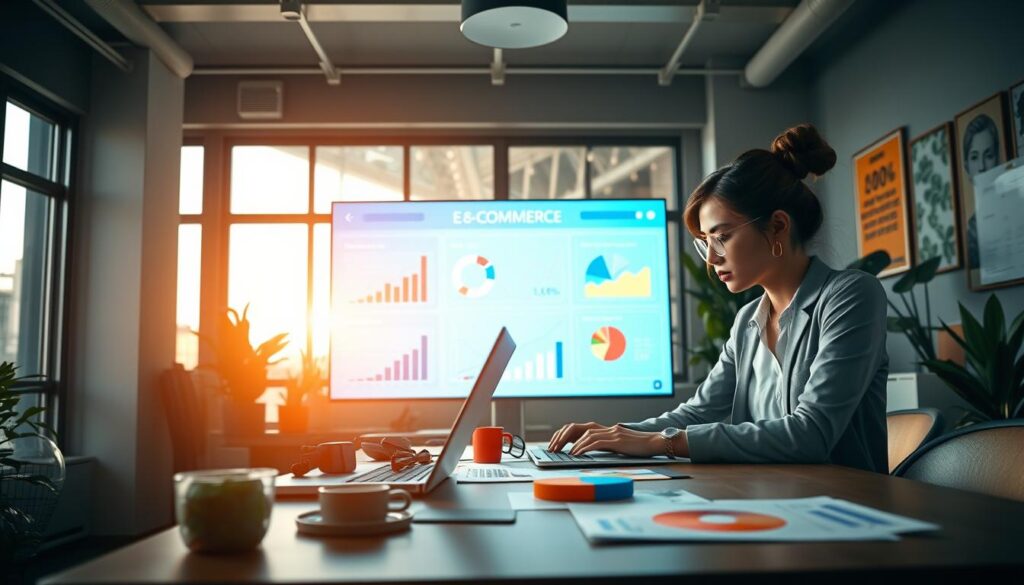 A modern digital workspace filled with e-commerce optimization elements. In the foreground, an analytical female professional wearing smart casual attire, focused on data analysis on her laptop. On the table, there are graphs, shopping cart icons, and pie charts representing sales performance. In the middle, a vibrant digital screen displays trending keywords and metrics related to online shopping. The background features a large window allowing natural light to flood the room, casting soft shadows. The atmosphere is energetic and innovative, emphasizing the dynamic nature of e-commerce, with plants for a touch of life and inspirational posters on the walls. The image is well-lit, capturing a sense of productivity and forward-thinking.