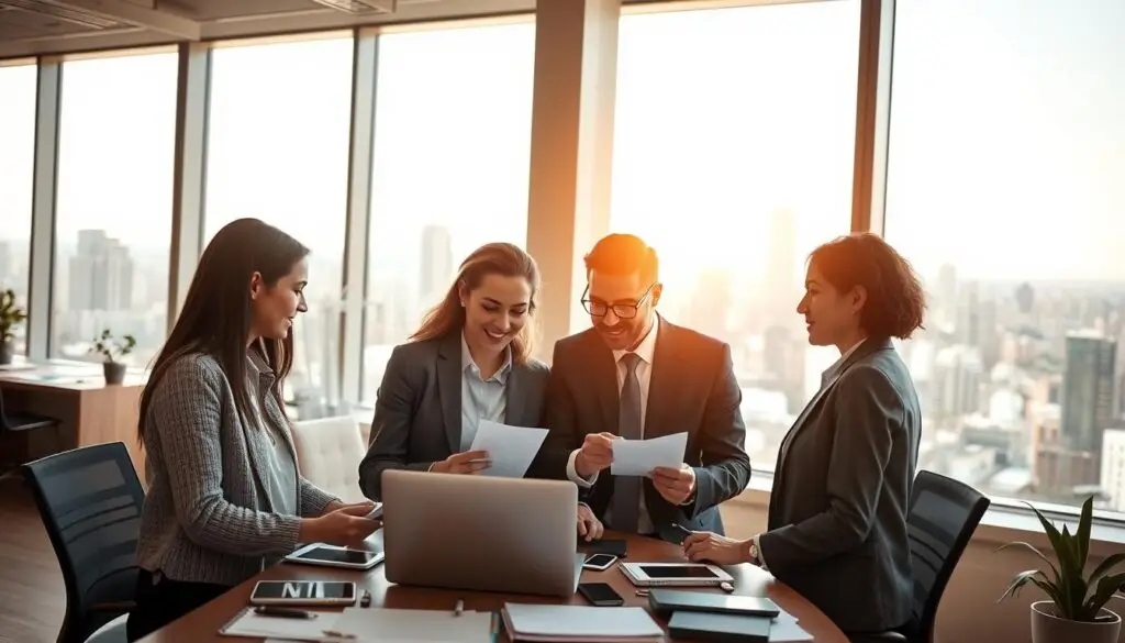 A modern office setting depicting new entrepreneurs engaging in outsourcing.