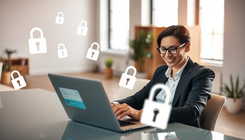 A secure payment environment representative of Fiverr Payment Protection. In the foreground, a professional individual in business attire sits at a sleek desk, focused on a laptop displaying a digital payment interface. Their expression reflects confidence and satisfaction. In the middle ground, various symbols of online payments, like secure locks and check marks, float around, conveying a sense of security and trust. The background features a modern office setup with soft, indirect lighting that creates a warm yet professional atmosphere. A large window lets in daylight, adding a natural touch, while the scene is captured at a slight angle to emphasize action and engagement. Overall, the image should evoke feelings of safety, reliability, and professionalism in online transactions.