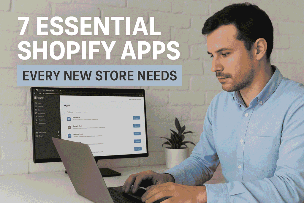 Man working on a laptop while managing essential Shopify apps on a desktop screen for a new online store