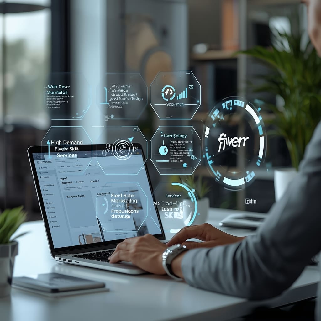 Professional freelancer analyzing high-demand Fiverr skills on a laptop with digital service icons and growth analytics in a modern workspace.