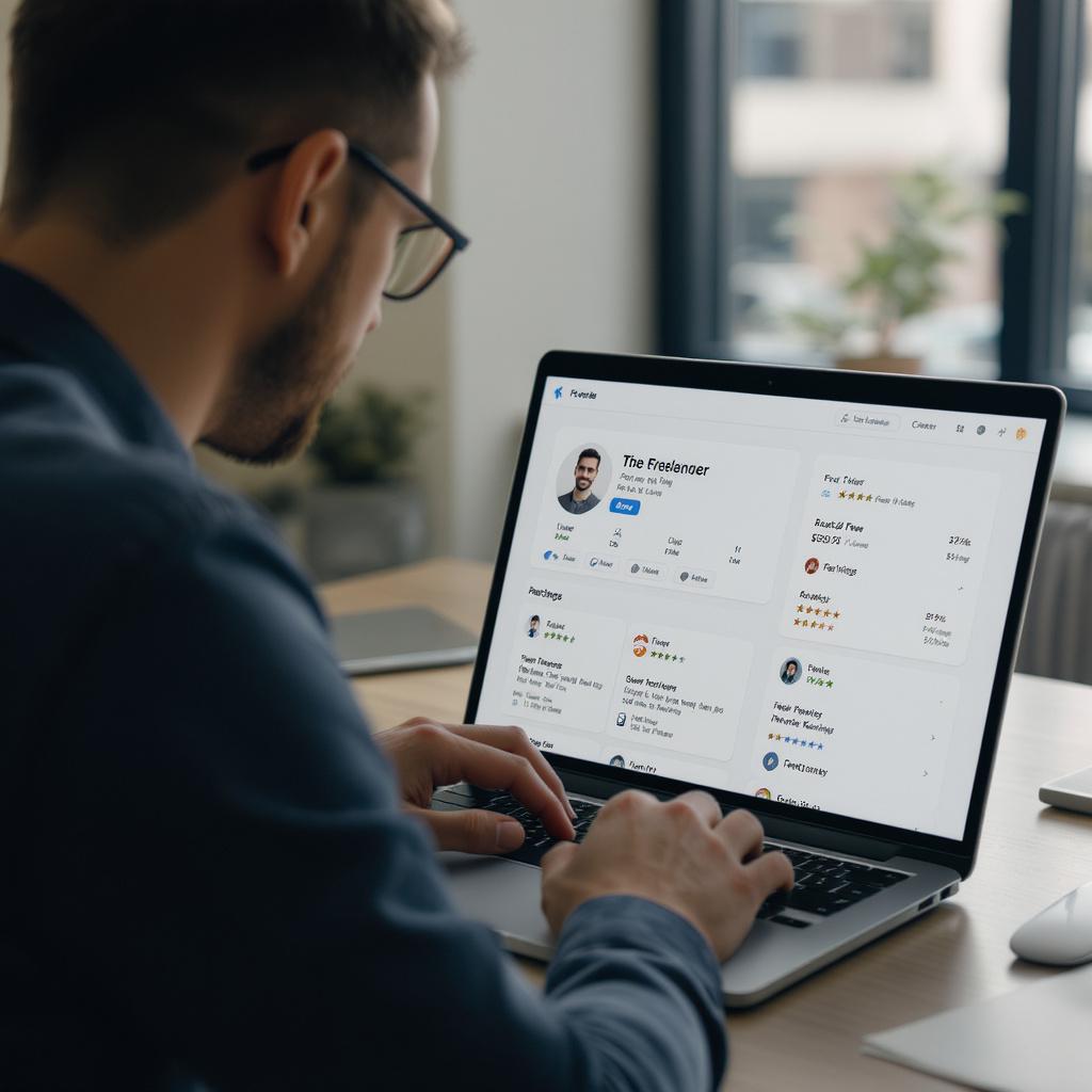 How to hire Fiverr freelancer 2026 guide showing a client reviewing a Fiverr seller profile on a laptop workspace.