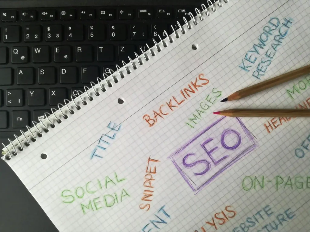 SEO strategy concepts written in a notebook including backlinks social media keywords and on page SEO