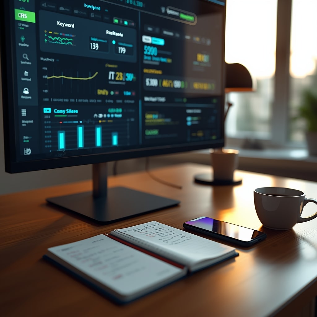 On-page SEO best practices shown on a desktop monitor displaying SEO analytics, keyword performance metrics, and website optimization data in a modern digital workspace.