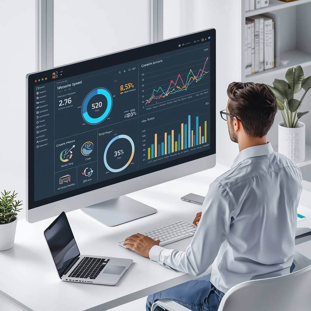 SEO expert analyzing a website dashboard on a large screen, showing website speed metrics, crawl errors, indexing graphs, and technical SEO icons.
