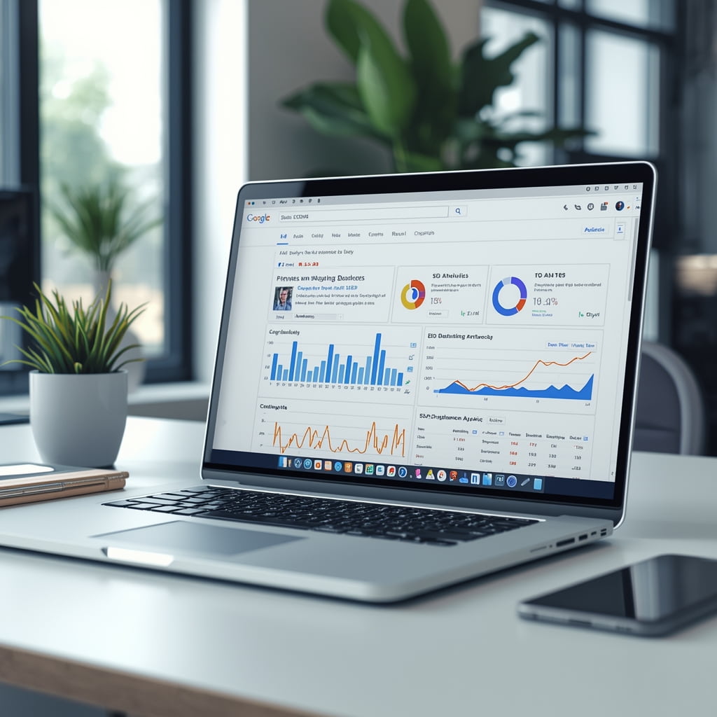 What is SEO and how it works illustrated on a laptop screen showing SEO analytics dashboards, keyword performance charts, and website traffic data in a modern workspace.