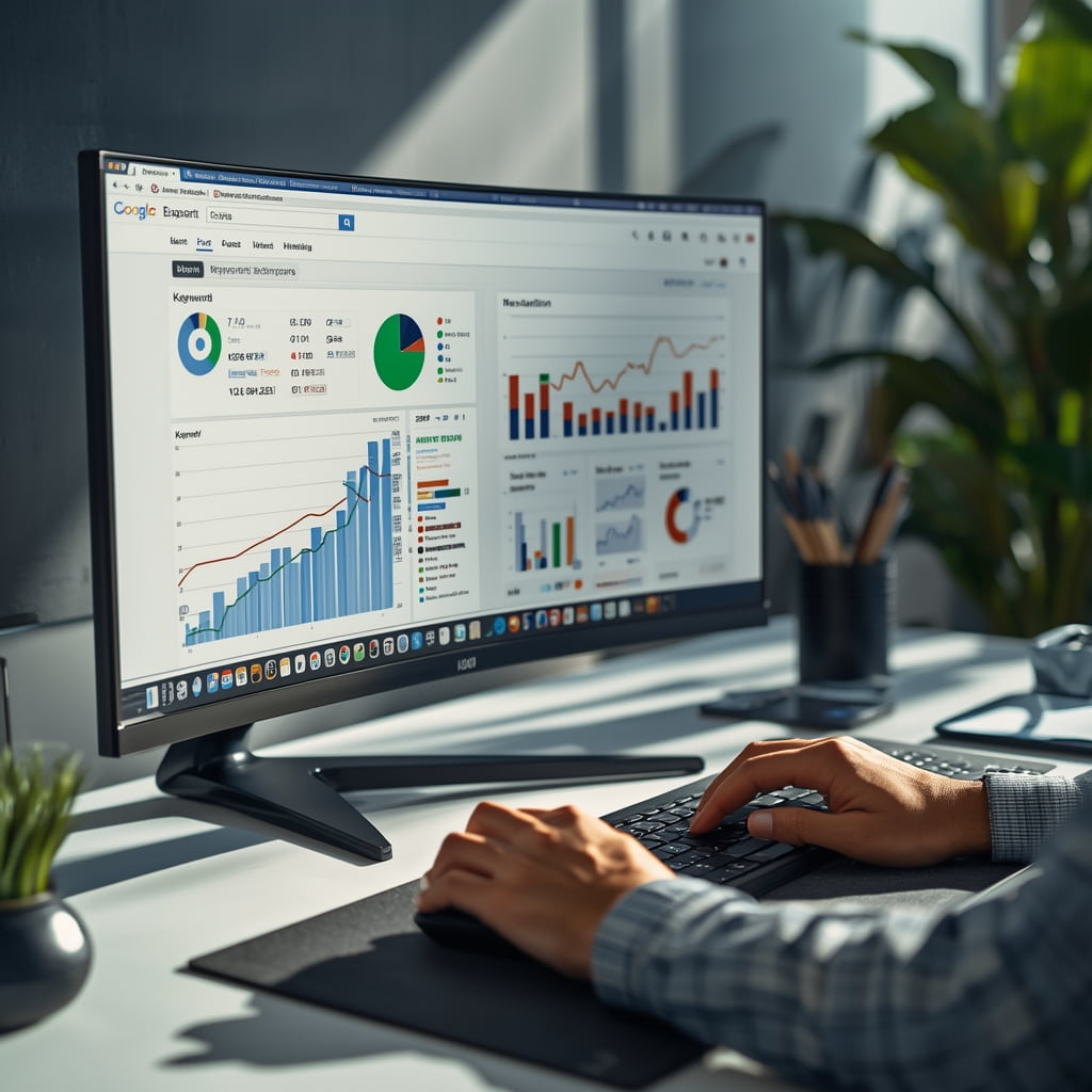 Keyword research like an SEO expert using an analytics dashboard with keyword performance charts and SEO data displayed on a desktop monitor.