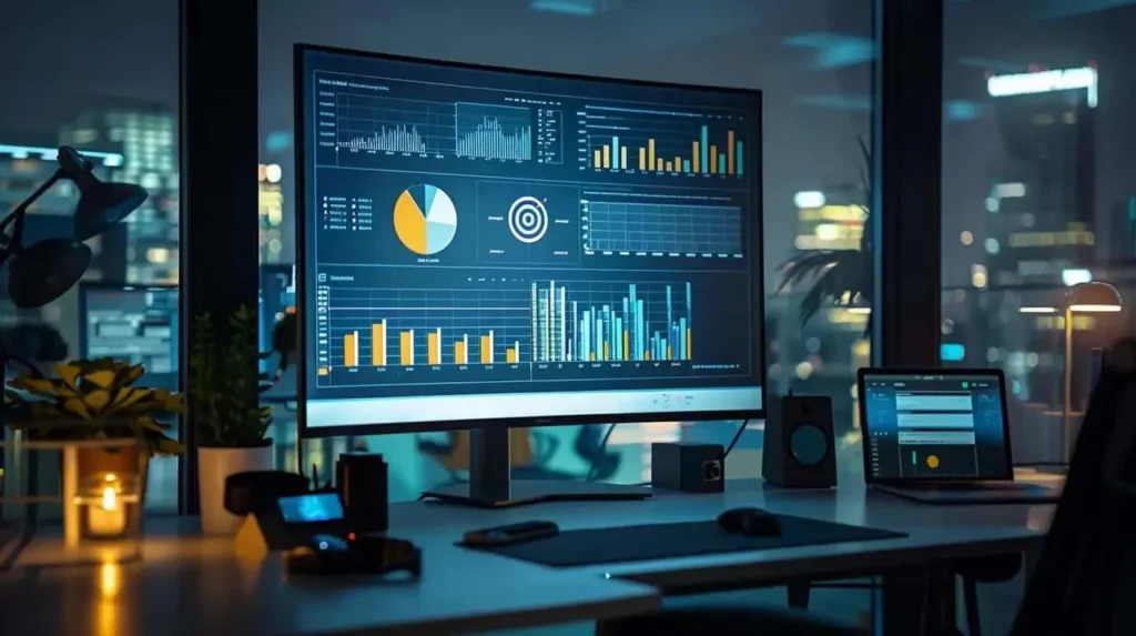 Modern office workspace with a large monitor displaying analytics dashboards, data charts, graphs, and performance metrics used for SEO analysis and business reporting on a desktop screen.