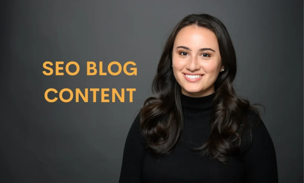 A smiling Seo content writer woman with black background and "SEO BLOG CONTENT" written on the black background