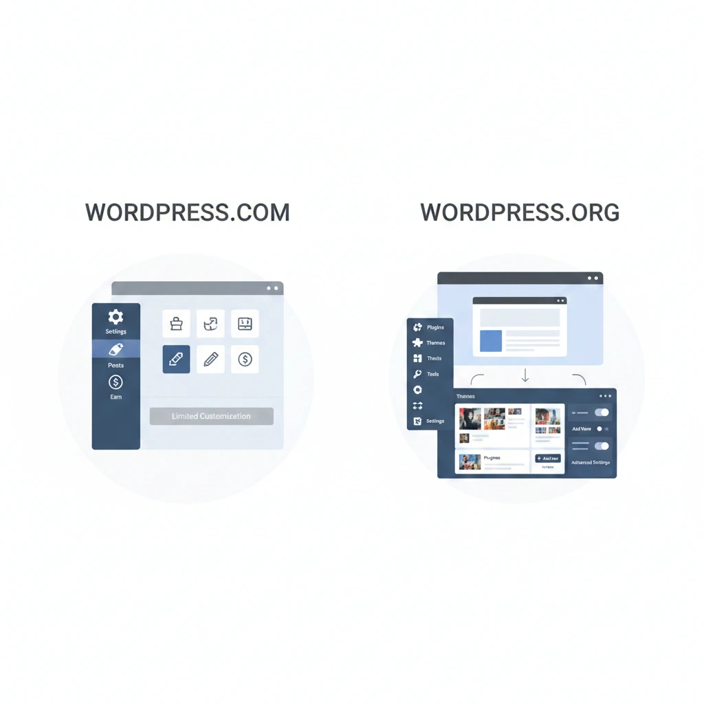 Visual comparison showing the key differences between WordPress.com and WordPress.org