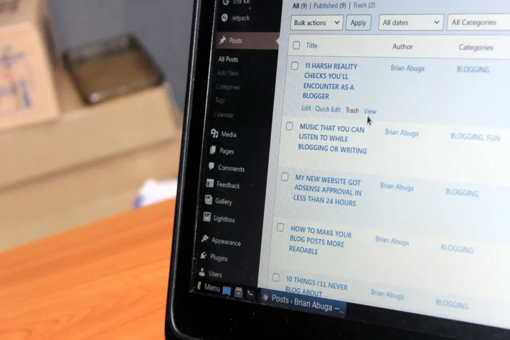 wordpress dashboard showing posts section