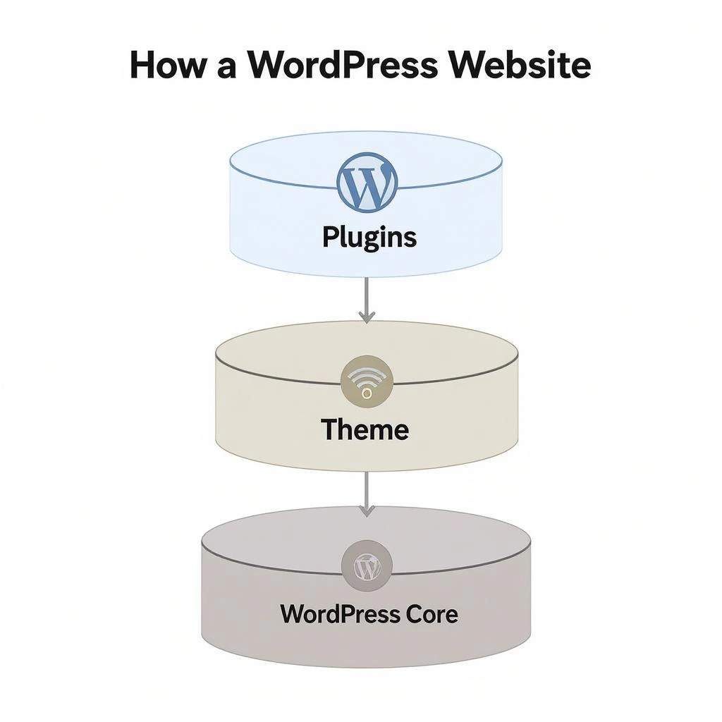 Diagram showing how WordPress websites are structured using WordPress core, themes, and plugins