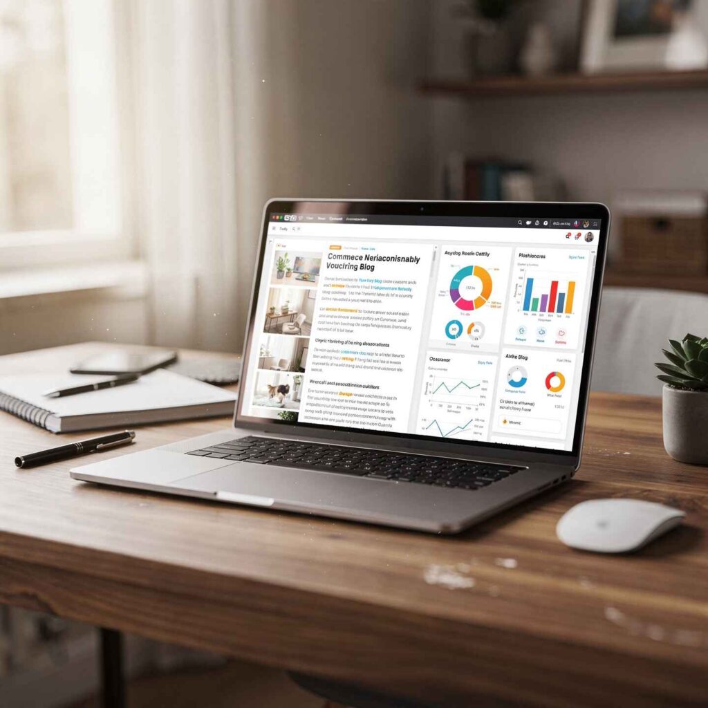 content marketing for ecommerce shown through blog and analytics dashboard