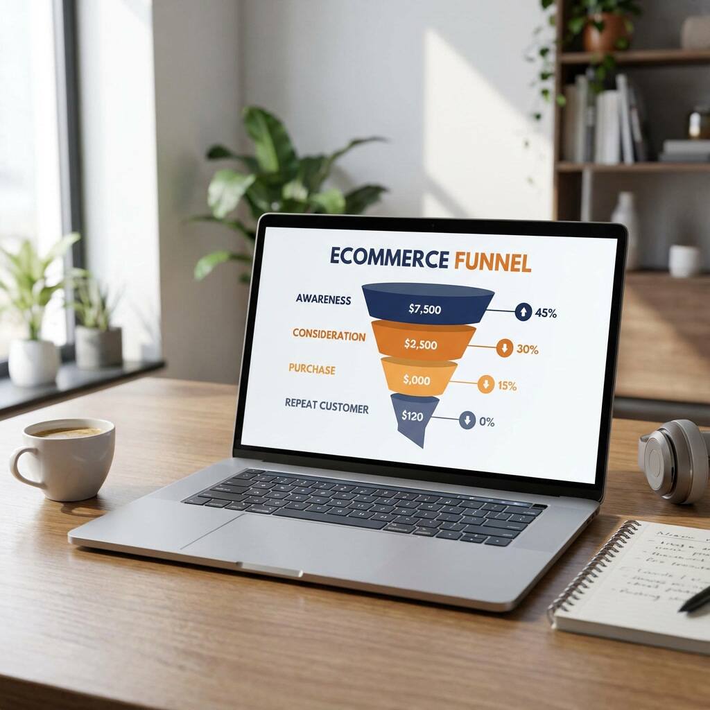 ecommerce funnel showing awareness to repeat purchase stages