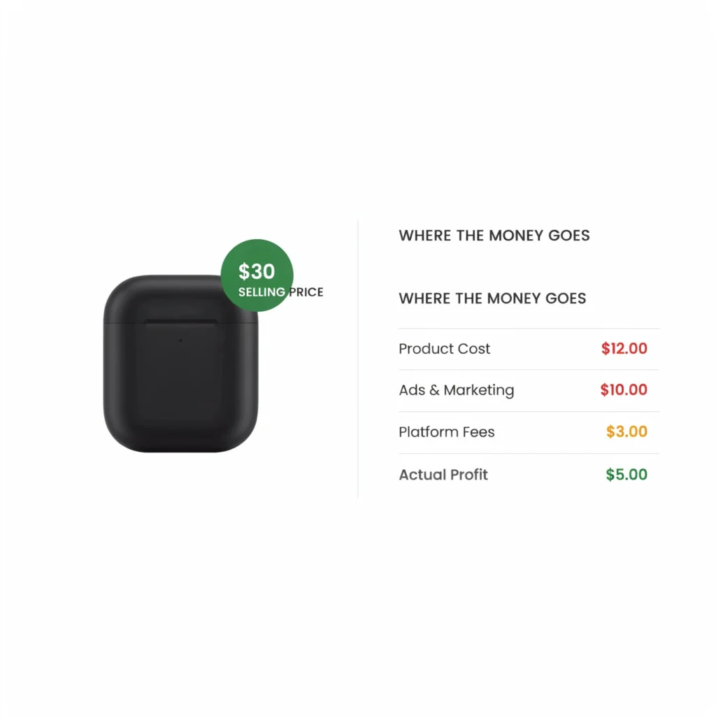 Real dropshipping profit margin breakdown showing actual costs
