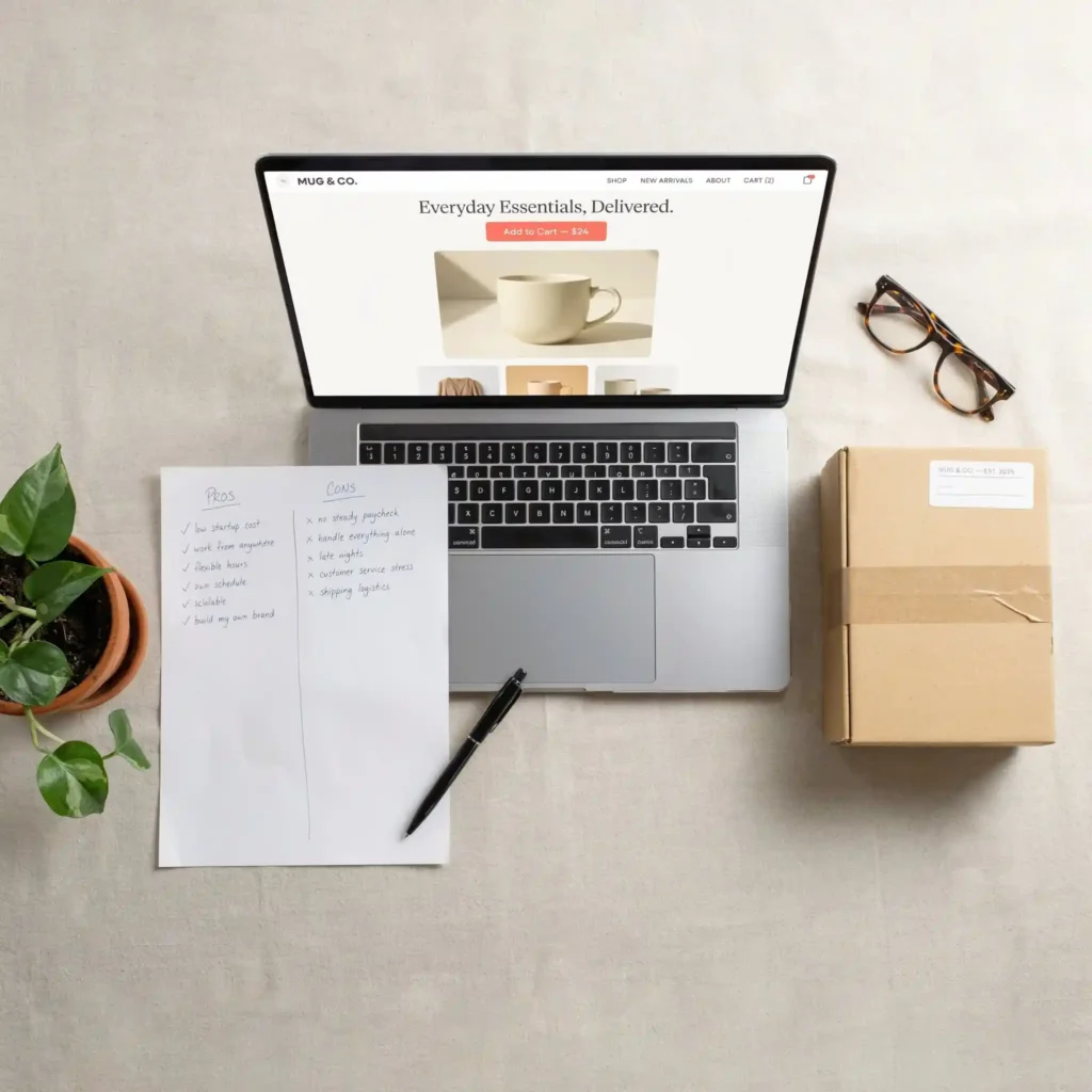 Dropshipping pros and cons comparison showing an ecommerce workspace with online store website, product packaging, and a handwritten list of business advantages and disadvantages.
