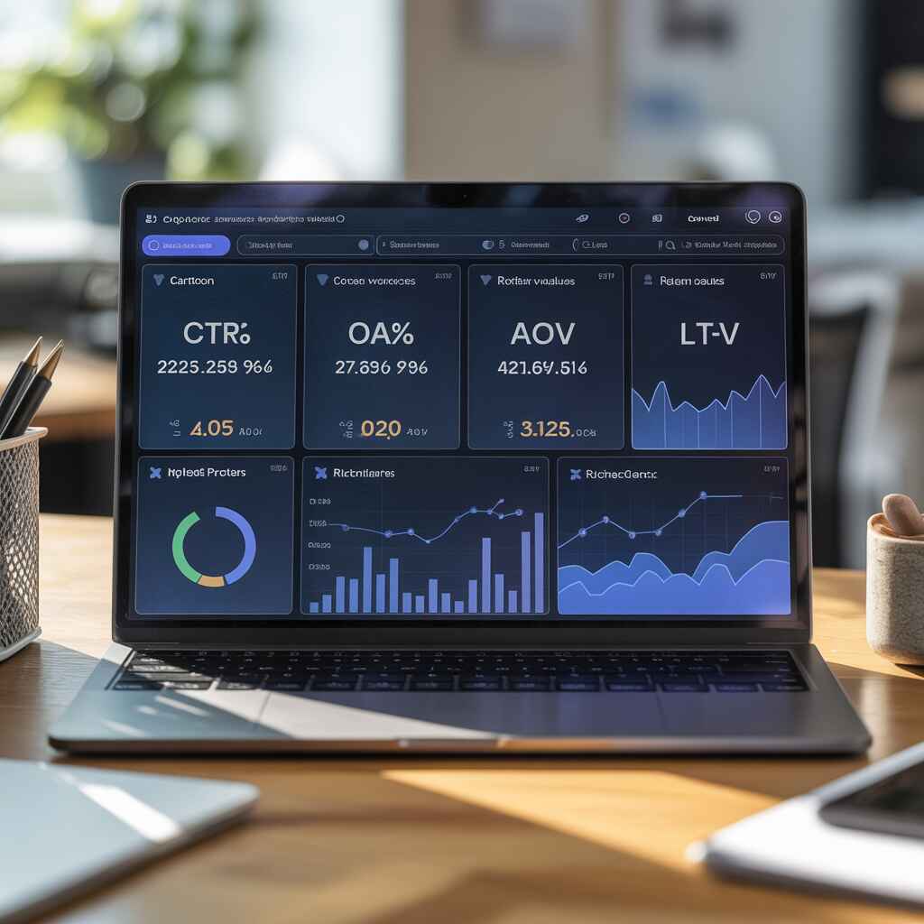 ecommerce marketing metrics dashboard showing CTR ROAS AOV and LTV