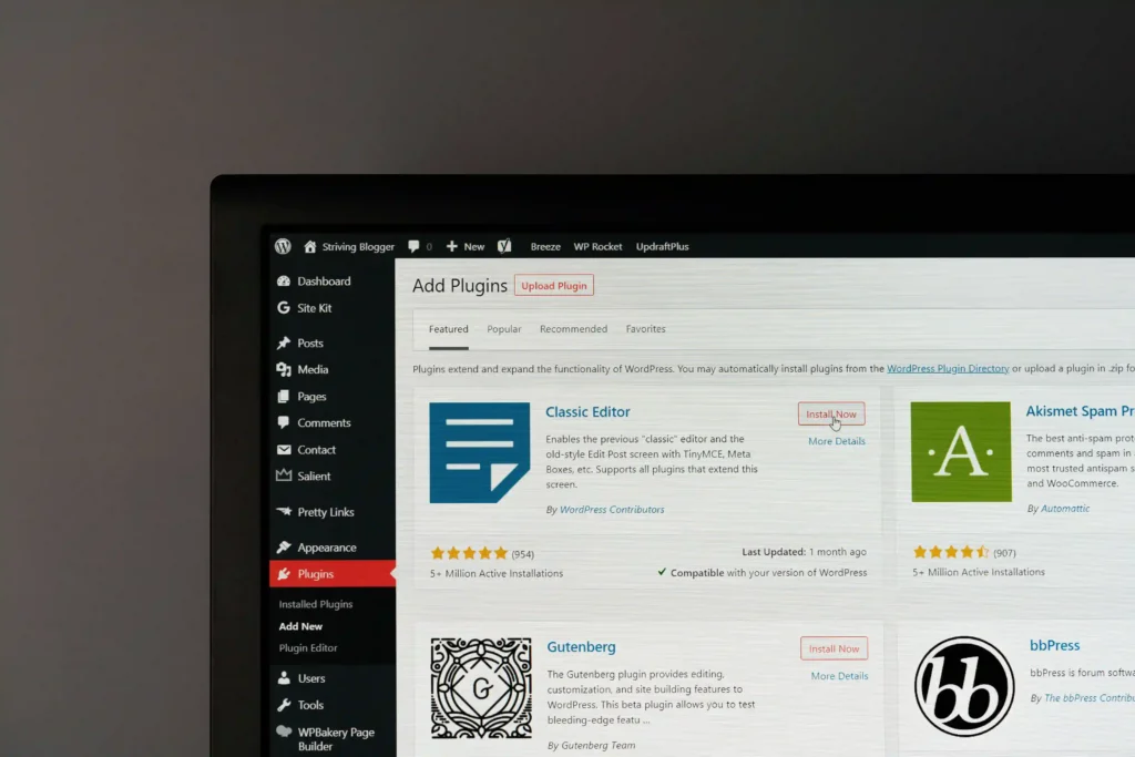 wordpress dashboard showing the plugins 