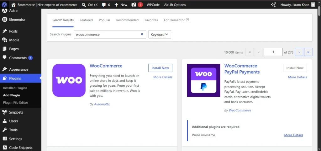 Wordpress dashboard showing woocommerce pougin