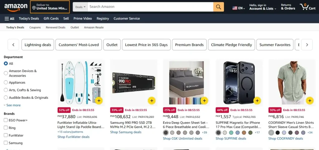 product page of Amazone.com showing many products and their rates