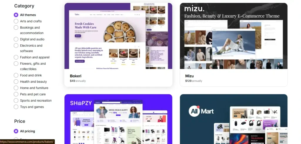 WooCommerce website themes marketplace showing ecommerce store design templates