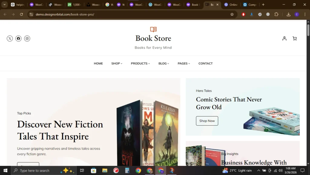 Online book store website homepage showing fiction books and featured book categories