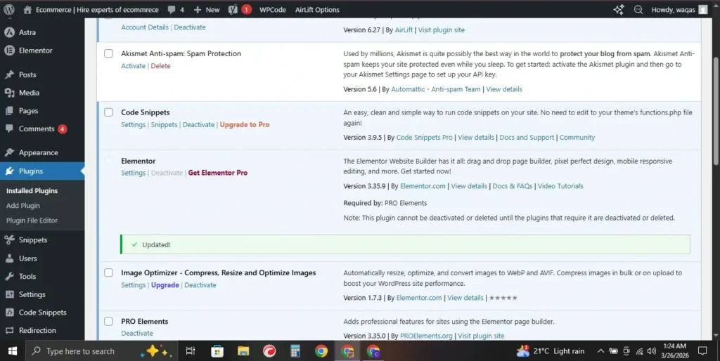 WordPress plugins page displaying installed plugins such as Elementor, Code Snippets, and Akismet in the admin dashboard