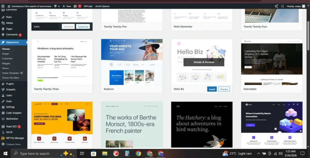 WordPress dashboard showing WooCommerce-compatible themes like Astra, Kadence, and Hello Biz in the Appearance section