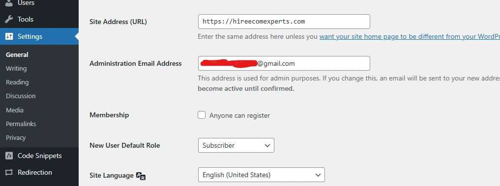 settings section of the wordpress dahsboard