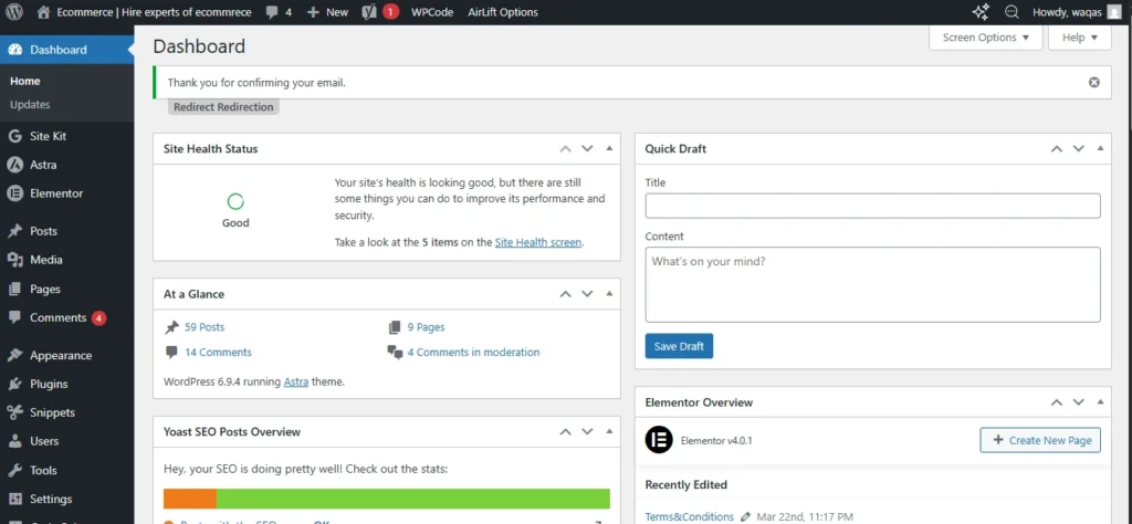 home dashboard of the worpress 